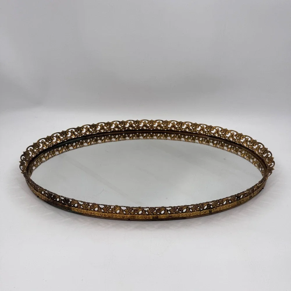 Vintage Oval Brass Cherub Filigree Mirrored Tray 14x21